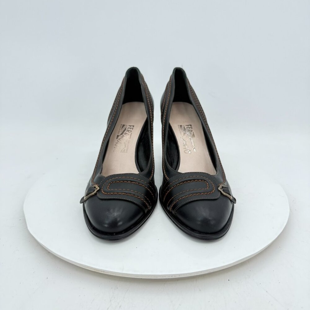 Salvatore Ferragamo Women Size 10B Brown Leather Belt Slip On Pump Heel Shoes - Picture 2 of 11